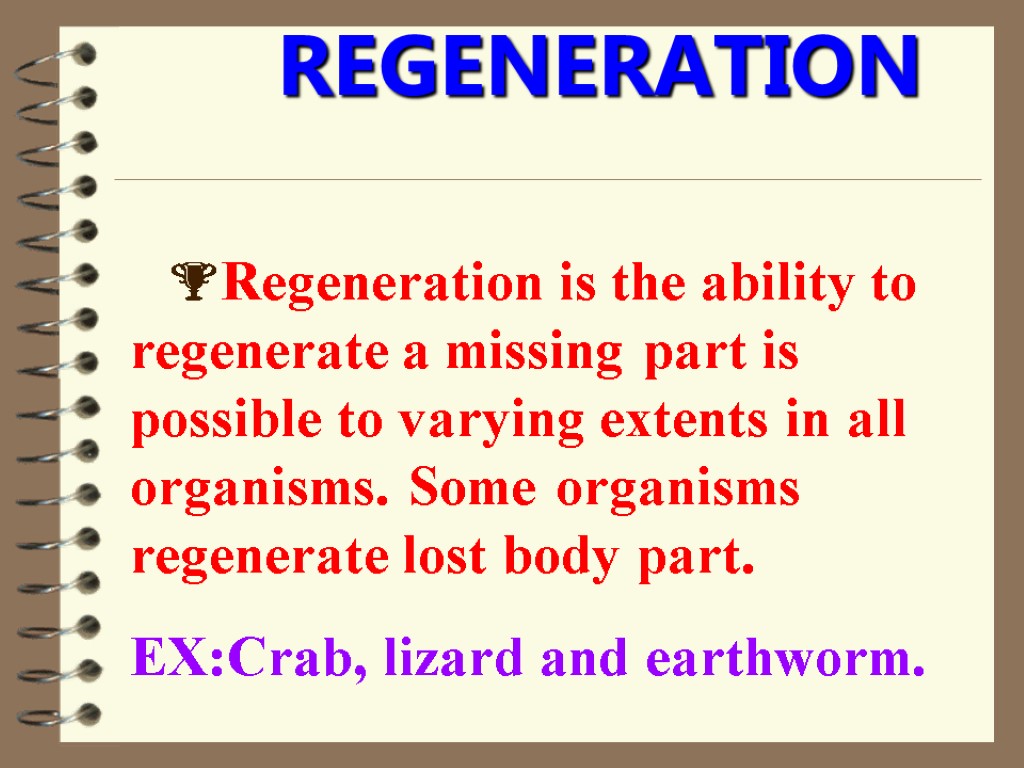 REGENERATION Regeneration is the ability to regenerate a missing part is possible to varying